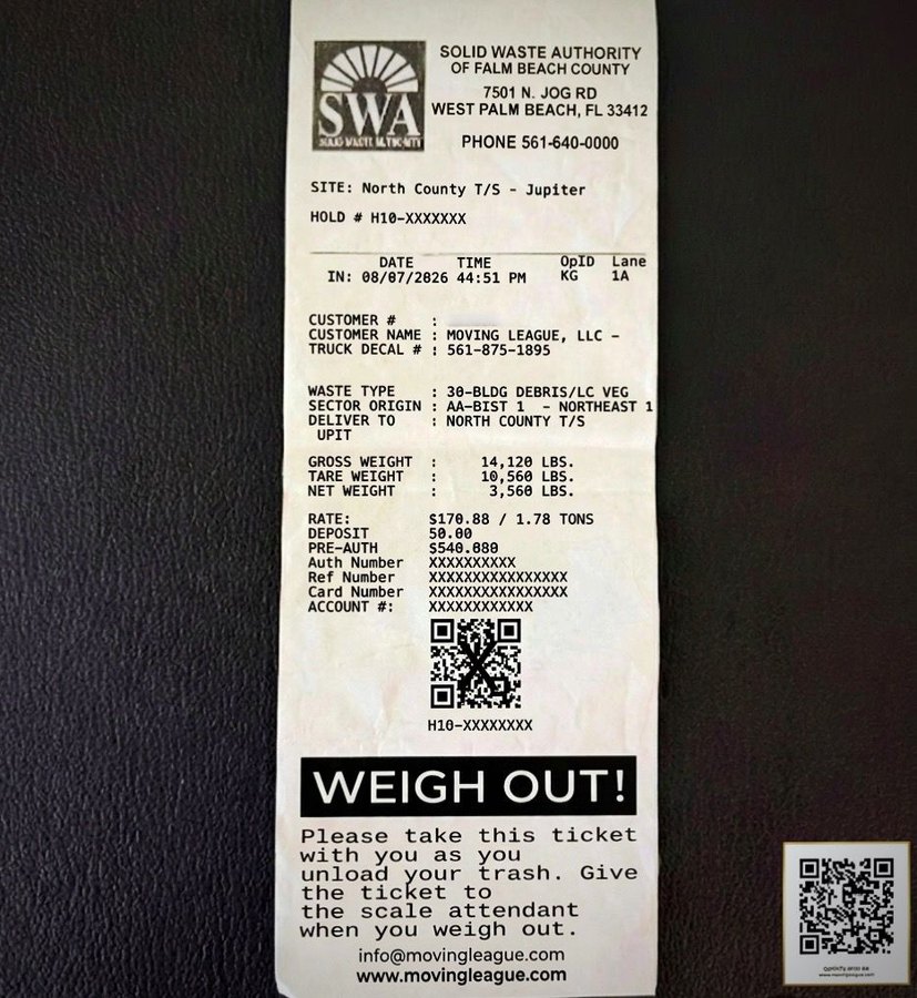 Real SWA scale ticket. Account and payment numbers covered for privacy.