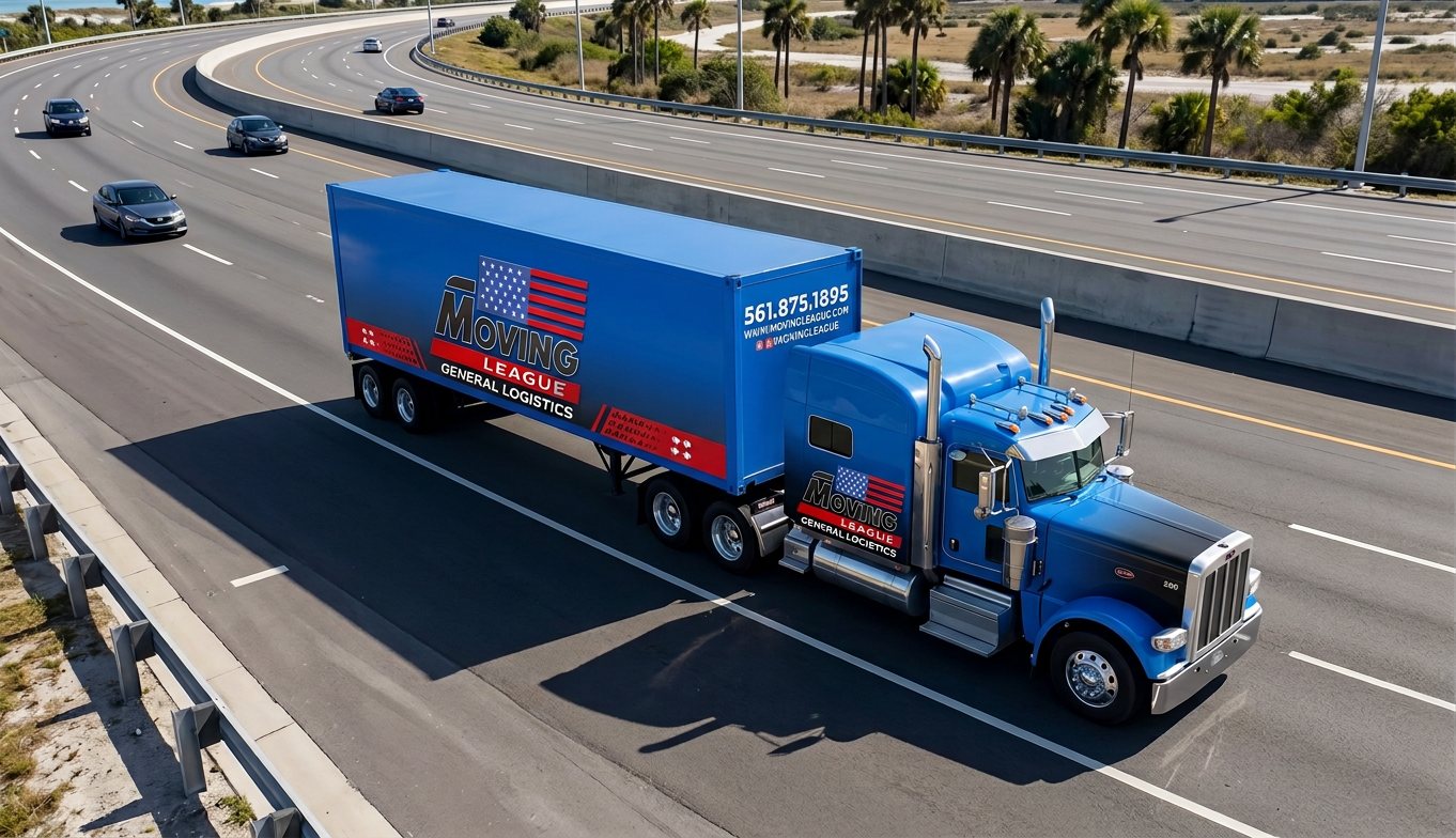 Moving League truck on the highway